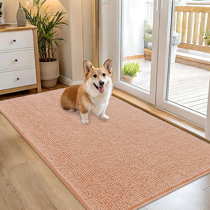 OLANLY Dog Door Mat for Muddy Paws 54x32, Super Absorbent Chenille Mud Mat | Peach, Absorbs Moisture and Dirt, Non-Slip Machine Washable Doormat, Quick-Drying Indoor Entryway Floor Carpet for Dogs