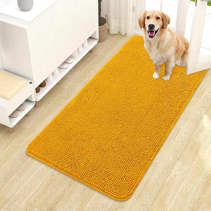 OLANLY Dog Door Mat for Muddy Paws 44x24, Super Absorbent Chenille Mud Mat | Golden Yellow, Absorbs Moisture and Dirt, Non-Slip Machine Washable Doormat, Quick-Dry Indoor Entryway Floor Carpet for Dogs