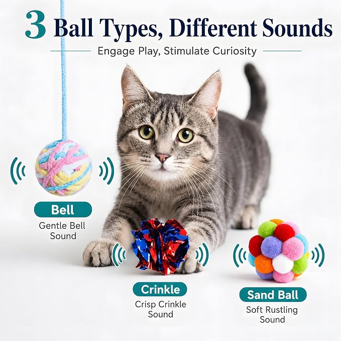 12 Pack 1.7 Inch Cat Toy Balls, Assorted Wool Yarn, Bell & Crinkle Balls for Indoor Cats & Kittens, Interactive Colorful Set
