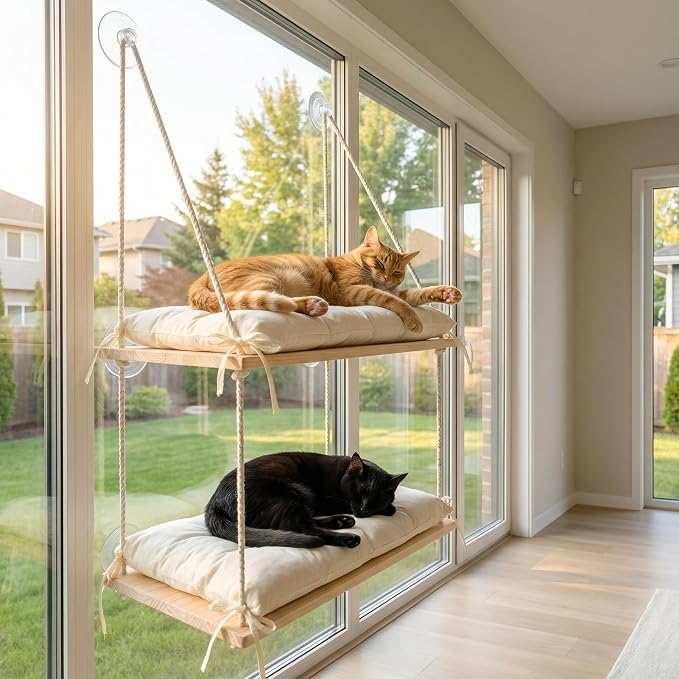 Cat Window Perch Wooden Cat Hammock Double Tier 8 Heavy-Duty Suction Cups | Dual-Tier, 50 LBS, Solid Pine Wood Platform, Washable Cushion, Tool-Free Installation, Space-Saving Comfort