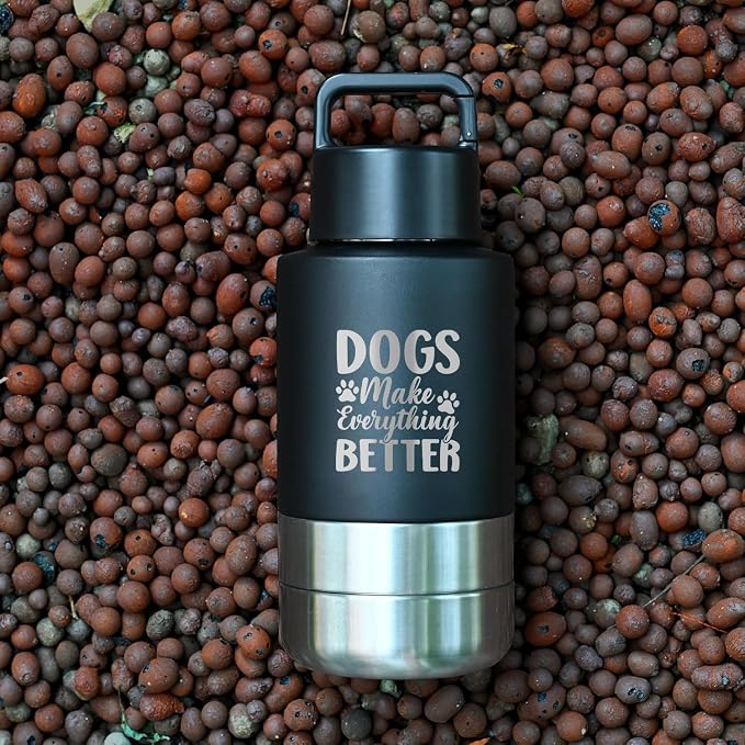 KEWIXY Insulated Dog Travel Water Bottle With Detachable Bowls, Ideal Gifts for Dog Lovers, Portable Water Bottle Dispenser, For Walking, Hiking, Camping, Outdoor (Black:Dogs Better, 32 Oz)