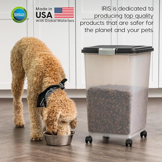 IRIS USA Dog Food Storage Container, 2-Pack, Up to 54 lbs, Black | Made in the USA, Comes w/ Wheels & 2-Cup Scoop, Airtight Seal, BPA-Free, Bird Seed, Cat food, Cat Litter, Multi-Pet Household