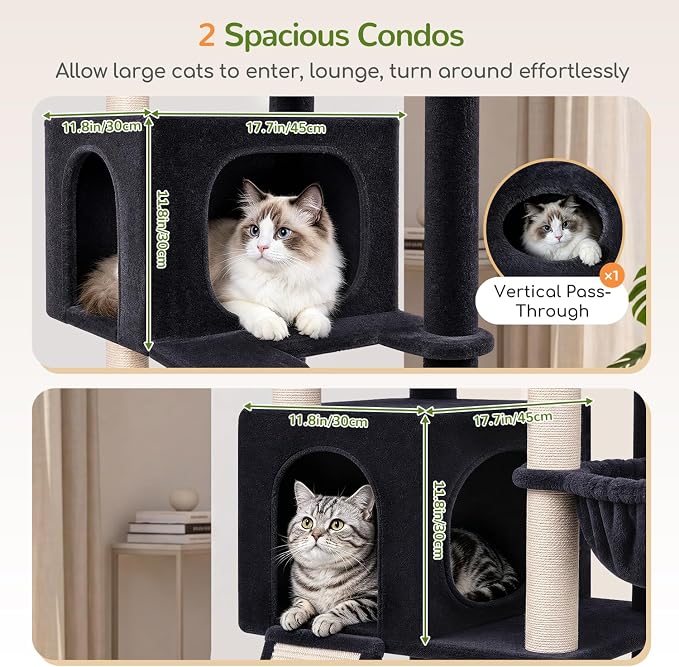 Globlazer 77in Cat Tree Tower for Indoor Cats Large Adult, F77, Dark Grey | Heavy Duty Multi-level Climbing Tower with 6 Scratching Posts & Board, 2 Roomy Condos, 2 Padded Perches, 3 Sturdy Baskets