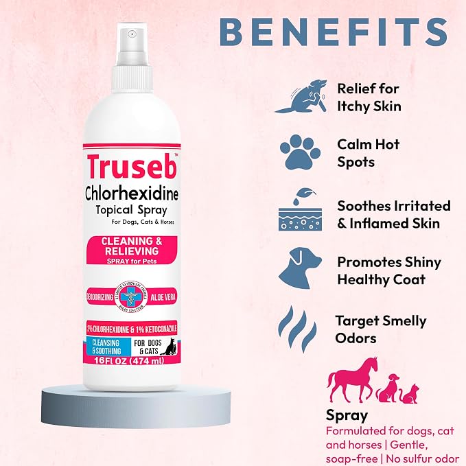 Truseb Medicated Topical Ketoconazole and Chlorhexidine Spray for Dogs, Cats, and Horses with Essential Fatty Acids, Ketoconazole Spray Aloe and Vitamin E (Ketoconazole & Chlorhexidine Spray, 16 oz)