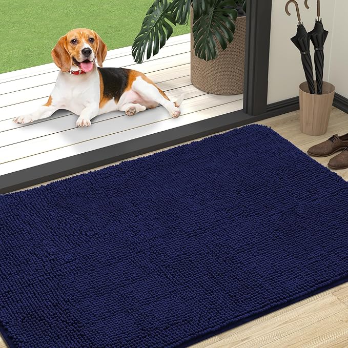 OLANLY Dog Door Mat for Muddy Paws 47x32, Super Absorbent Chenille Mud Mat | Navy Blue, Absorbs Moisture and Dirt, Non-Slip Machine Washable Doormat, Quick-Drying Indoor Entryway Floor Carpet for Dogs