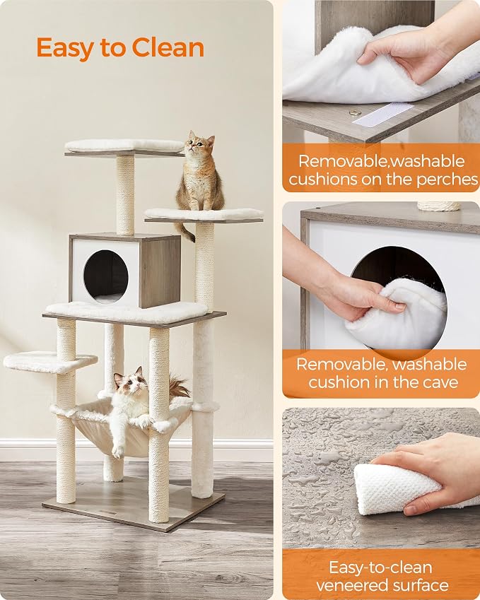 Feandrea Cat Tree, 56.3-Inch Modern Cat Tower, Multi-Level Plush Condo with Scratching Posts, Hammock, Washable Cushion, Heather Greige UPCT164G01