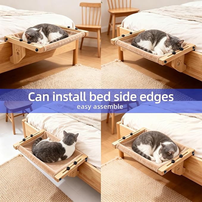 ESPETS Wooden Cat Window Bed for Large Cats, Khaki Cat Window Perch Hammock | Solid Wood Window Large Perch, Sturdy Large Size Shelves, Soft Thick Removable Cushion, Easy Assemble Adjustable, Hold 40LBS