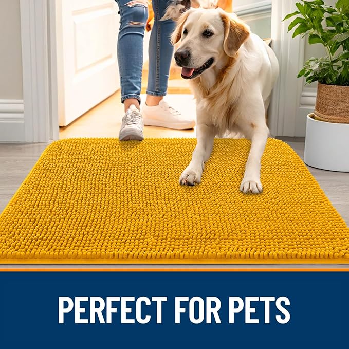 OLANLY Dog Door Mat for Muddy Paws 40x32, Super Absorbent Chenille Mud Mat | Golden Yellow, Absorbs Moisture and Dirt, Non-Slip Machine Washable Doormat, Quick-Dry Indoor Entryway Floor Carpet for Dogs