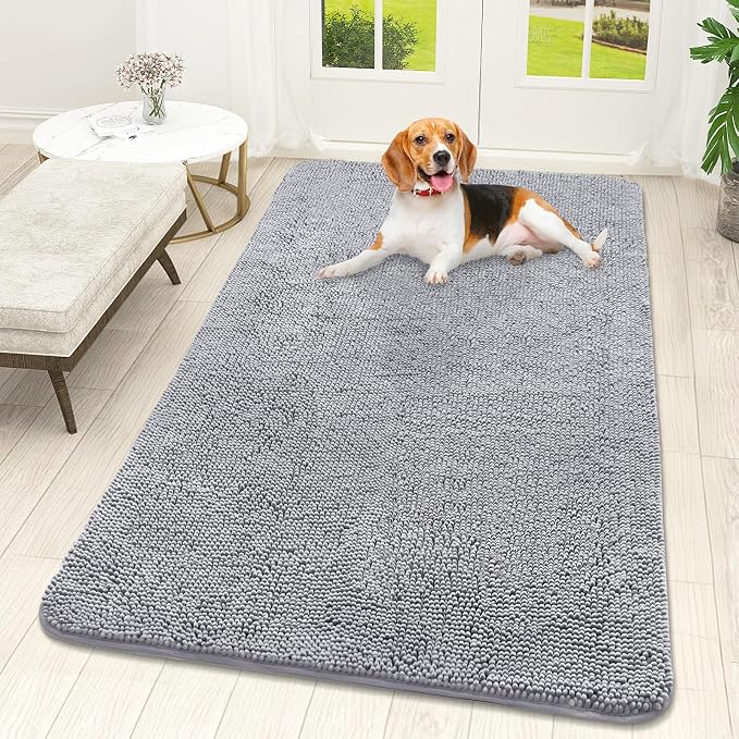 OLANLY Dog Door Mat for Muddy Paws 59x32, Super Absorbent Chenille Mud Mat | Light Grey, Absorbs Moisture and Dirt, Non-Slip Machine Washable Doormat, Quick-Drying Indoor Entryway Floor Carpet for Dogs