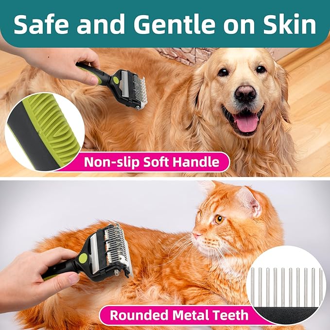 3-IN-1 Pet Grooming Tool - Undercoat Rake, Dematting Comb & Deshedding Brush for Cats, Dogs, Horses - Removes Mats, Tangles & Loose Fur, Reduces Shedding & Prevents Hair Mess (Green)