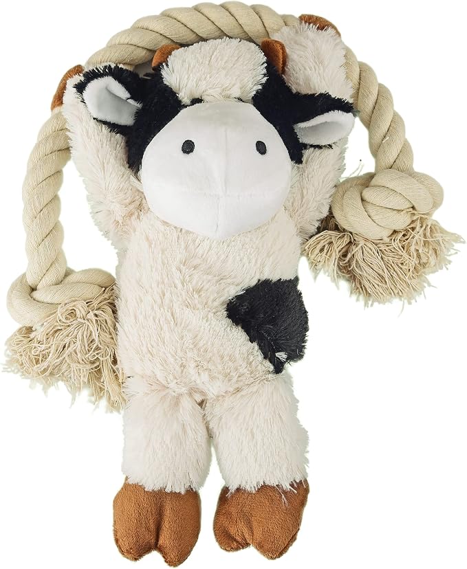 Native Pup Dog Toy Rope and Plush Stuffed Squeaker, Tug of War Toys for Dogs, Puppy Welcome Home Add on for Pets (Cow)