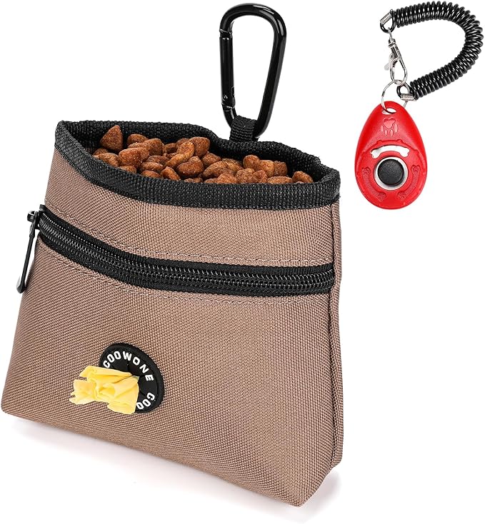 Dog Treat Pouch with Pet Training Clicker, Detachable Dog Puppy Training Treat Bag, 900D Oxford Cloth Magnetic Closure Small Dog Walking Bag for Travel or Outdoor Use (Coffee)