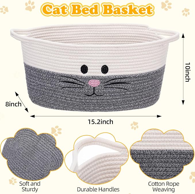 Leitee 15.2" X 10" X 8" 100 Pcs Cat Bed Storage Basket Gift Cat Variety Toys Set Cotton Rope Basket, Fish Mice Pet Bell Colorful Crinkle Balls Spring Toy for Kitten Swat Interactive (Basic,Grey,White)