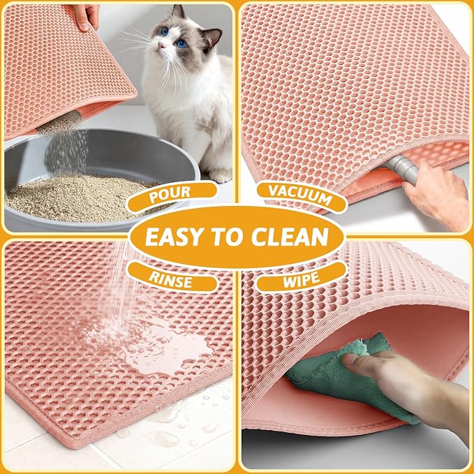 Pieviev Litter Mat, Double-Layer Waterproof Design, 30" x 24" Coral Red | Honeycomb Litter Trapping Mat Captures Scattered Particles to Stop Tracking, Waterproof Base Protects Floors, Easy to Clean