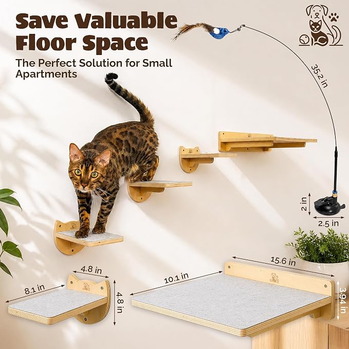 Snuggle & Play Cat Wall Shelves & Climbing System – Modern Furniture Set with 3 Steps & Perch for Indoor Cats, Includes Wand Toy