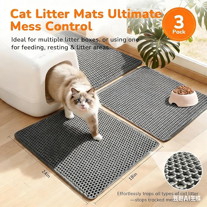 Cat Litter Mats (3-Pack) 24" x 18", Litter Box Mat, Non-Slip Waterproof Litter Mat with Honeycomb Trapping Layer, Easy Clean Leakproof Litter Matt, Soft EVA Durable Anti-Scratch Kitty Litter Mat