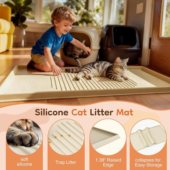ISSEVE XXL Cat Litter Mat, Extra Large Silicone Litter Box Mat, Beige | 54" x 27.5" XXL, 1.38" Raised Edge, Urine Proof, Litter Trapping Mat for Scatter Control, Soft on Kitty Paws, Protect Floor