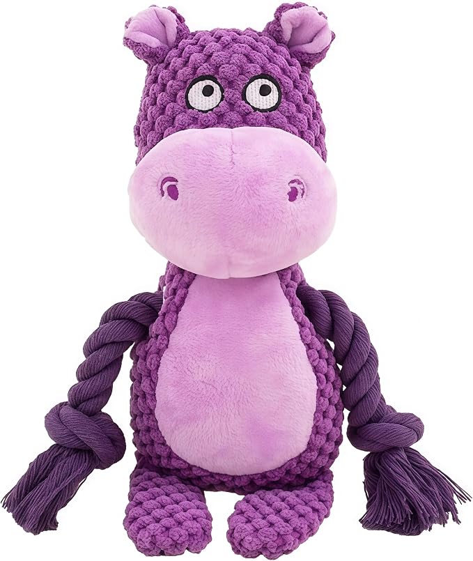 Plush Hippo Dog Toy with Rope Arms, Squeaky Interactive Pet Toy, Purple, for Small & Medium Dogs