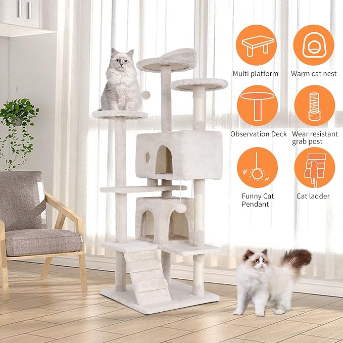 BestPet | 54" Cat Tree Tower | Beige | Sturdy Multi-Level Cat Tree | with Plush Condo, Cozy Perch, Sisal Scratching Posts, Hanging Toy and Stable Frame | Easy Assembly | for Kittens & Adult Cats