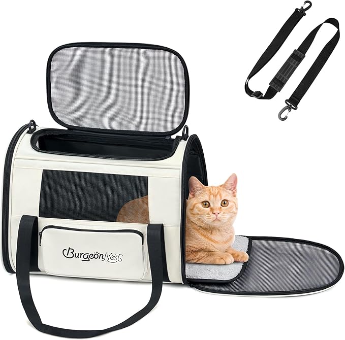 BurgeonNest Pet Carrier for Large Cats, Soft-Sided Cat Carrier for Big Cats and Small Dogs Up to 20 lbs, Top Loading Collapsible Escape-Proof Travel Cat Bag with 4 Mesh Windows & Side Storage, Beige