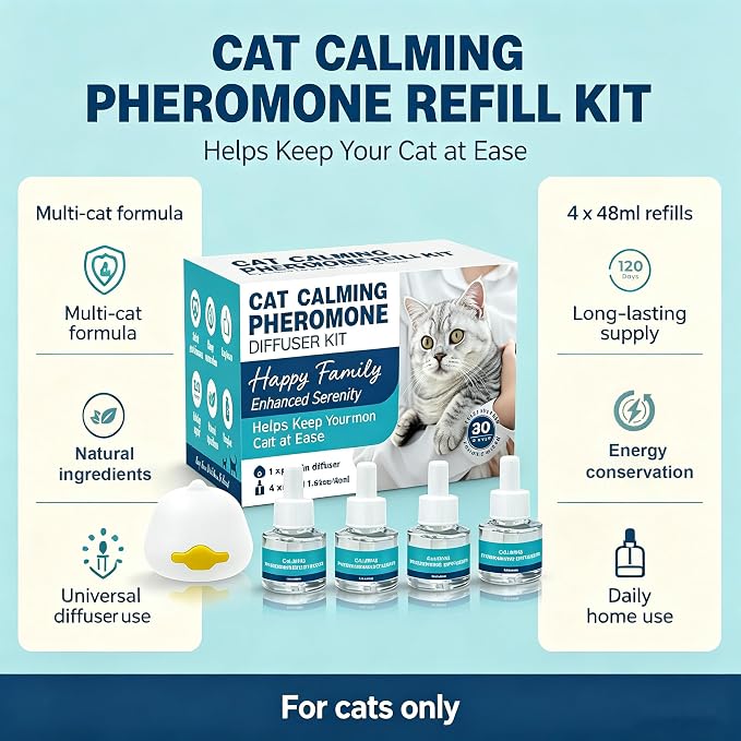 Cat Pheromone Calming Diffuser Refill, 1 Diffuser 4 Refill, 192ML/120 Days | Help Reduce Unwanted Behaviors, Deter Spraying, Scratching & Cat Fighting, Universal Diffusers Plug-in