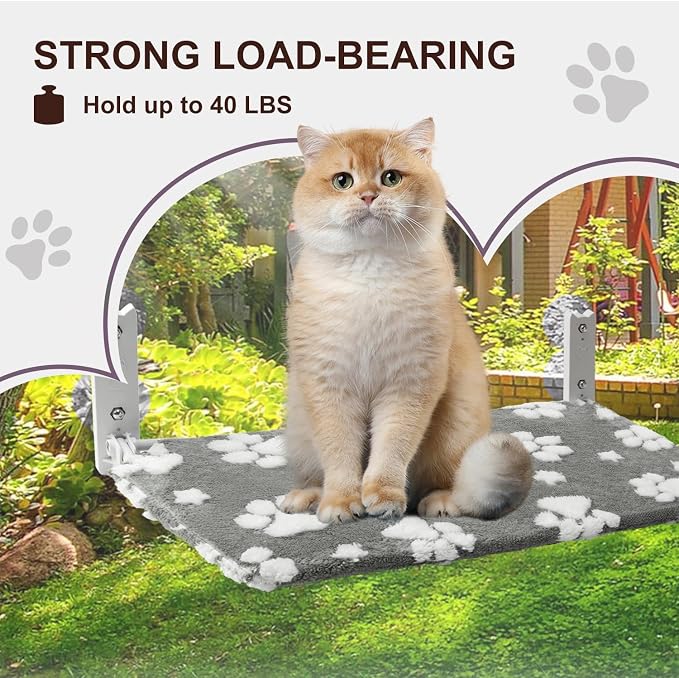 Cute Cat Window Perch, Foldable Cat Window Hammock, Grey | Cordless Window Seat Bed for Indoor Cats, 3D Textured Paw Cover, Strong Suction Cups