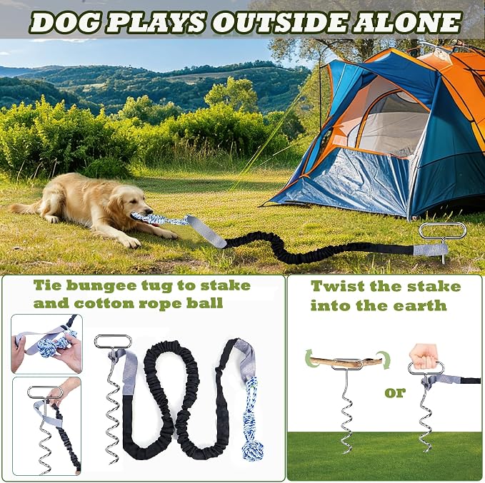 Dog Bungee Tug Toy with Steel Stake & 2 Chew Balls, 6.8ft Stretch Rope tug Toy - Tether Tug for Large/Medium/Small Dogs - Outdoor/Outside Dog Tug of War Toy (Lawn/Tree Use)