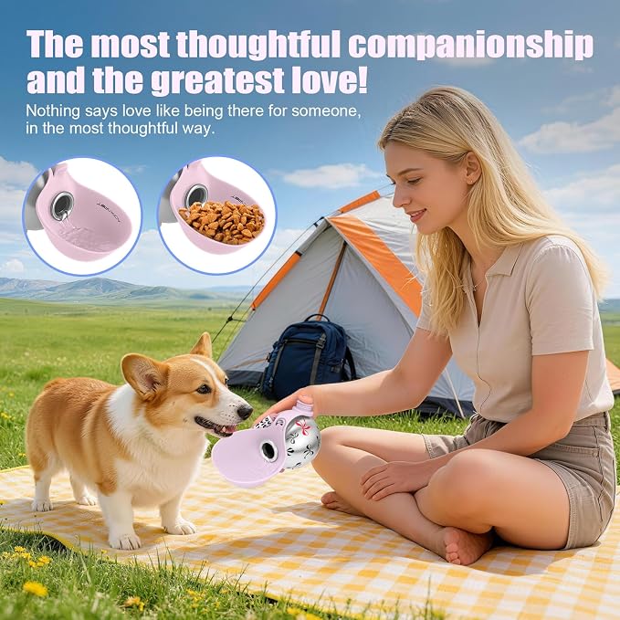Portable Dog Water Bottle 10oz Stainless Steel Travel Dog Water Dispenser with Bowl No-Spill Puppy Water Bottle for Walking Hiking Small Dog Water Bottle (Pink Bow Print)