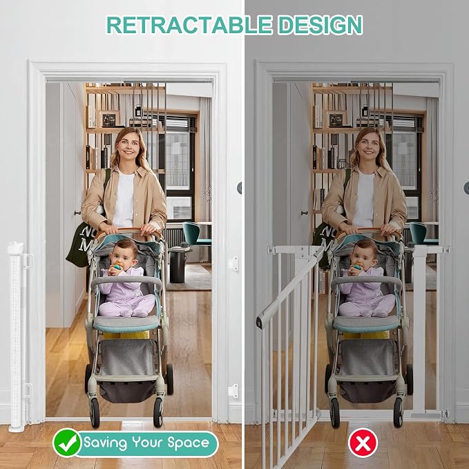 71 inch Retractable Baby Gates, EZIGO Extra Wide Baby Gate for Large Opening Extra Long Mesh Gate for Kids or Pet Dog Gate Child Safety Gate for Stairs Hallways Doorway Indoor Outdoor, White