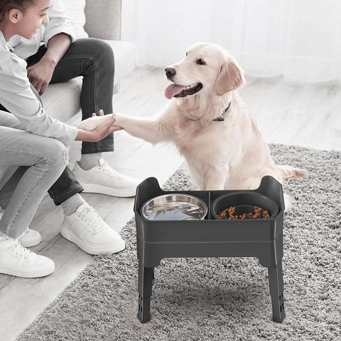 4-in-1 Elevated Slow Feeder Dog Bowls, 4 Height Adjustable Mess Proof Raised Dog Bowl Stand with Licking Plate, 2 Stainless Steel Dog Food Bowl & Slow Feeder for Large Medium Small Dogs Pets