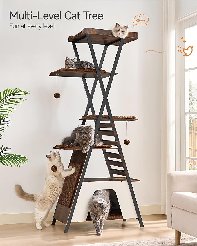 72.4" Modern Cat Tower for Indoor Cats - Multi-Level Condo With Caves, Tall Tree With Scratching Board, Wooden Tower With Large Perch, Removable Pads, Rustic Brown