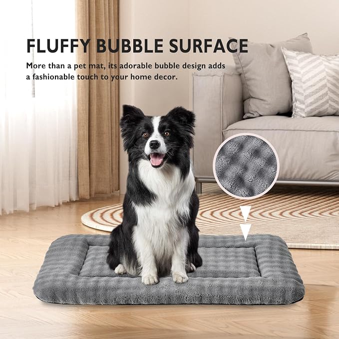Dog Bed Mat Crate Pad for Large Dogs, Grey, 36"x 23" | Washable Soft Pet Sleeping Mat, Anti-Slip Kennel Pad with 3D Bubble Pattern