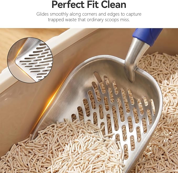 Cat Litter Scoop, Kitty Metal Scooper, Heavy Duty Aluminum Deep Sifter with Long Handle, Rustproof Durable Kitten Poop Shovel for Travel & Small Litter Box