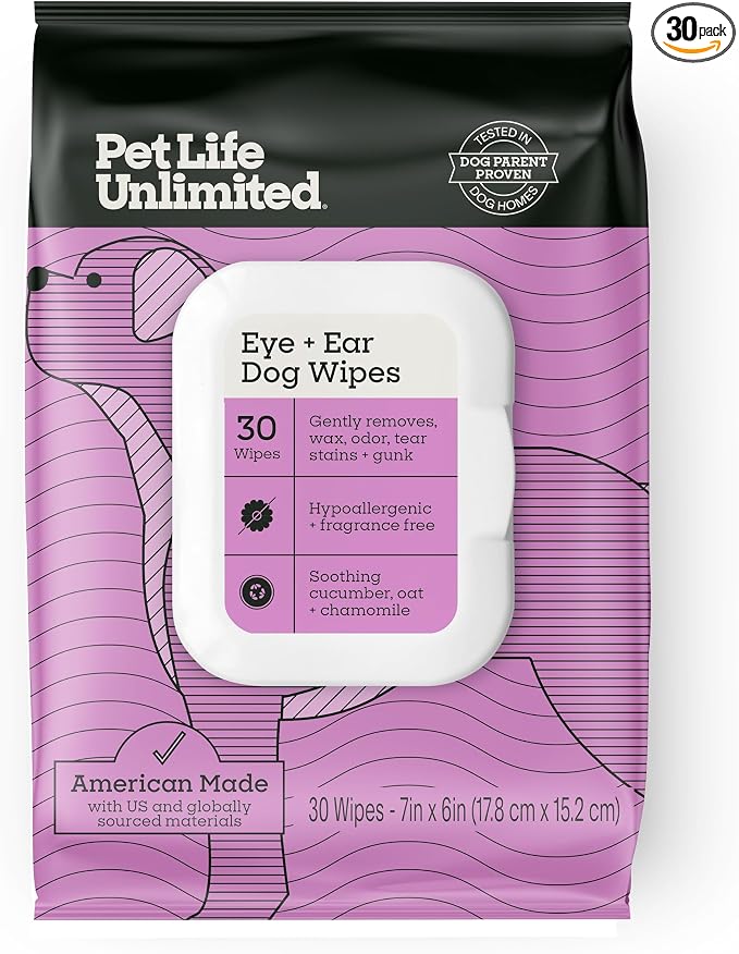 Pet Life Unlimited Dog Ear Wipes, Dog Eye Wipes - Plant-Based Dog Ear Cleaner Wipes with Moisturizing Aloe Leaf & Soothing Chamomile - Fragrance Free Eye and Ear Wipes for Dogs - 30 Count (Pack of 1)