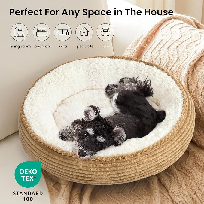 Love's cabin Round Donut Cat and Dog Cushion Bed, 24in Pet Bed for Small or Medium Dogs, Anti-Slip & Water-Resistant Bottom, Soft Durable Fabric Pet Beds, Washable Calming Cat Bed Beige