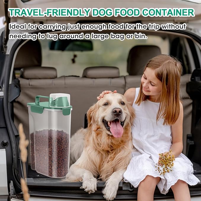 TBMax 5 Lbs Travel Dog Food Storage Container with Collapsible Dog Bowl, Airtight Pet Food Storage Dispenser with Large Spout & Measuring Cup for Kibble Dog Treat Bird Seed Container -Dark Green