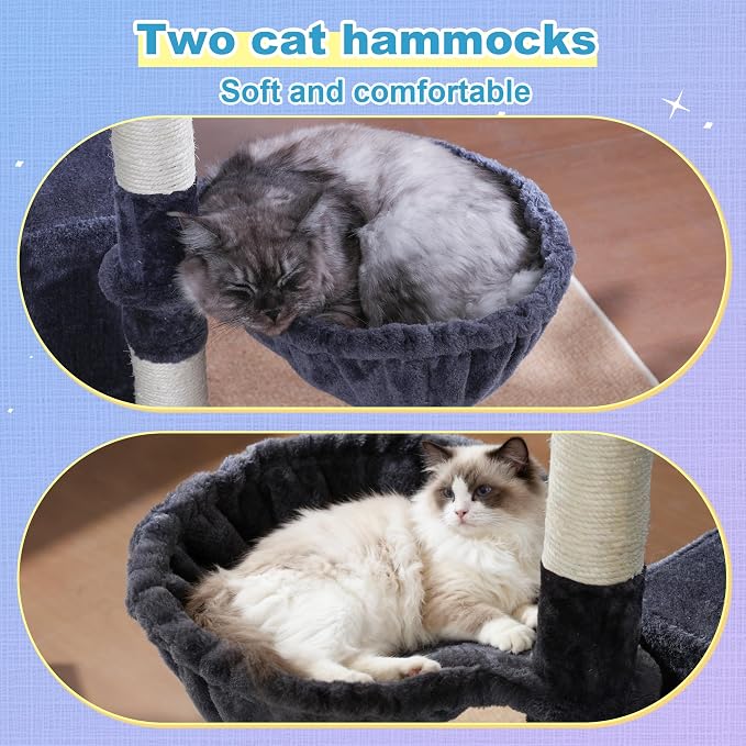 Hey-brother Cat Tree Tower with Extra Large Platform and Basket, MPJ080G | 71.7 Inches Scratching Posts with Specious Condo, 2 Cozy Hammocks, Scratch Board for Indoor Adult Cats, Maine Coon Smoky Gray