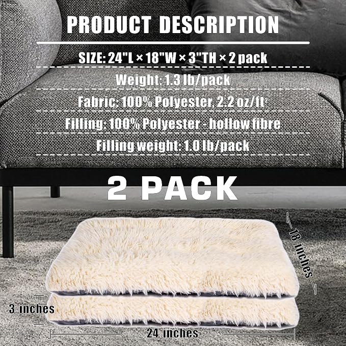 Machine Washable Dog Bed, Deluxe Plush Dog Crate Pad and Cat Bed, Anti-Slip Bottom Kennel Pad Mat, Fuzzy Pet Beds for Large, Medium, Small Dogs Breeds (Ivory, 24.0" L x 18.0" W x 3.0" Th x 2 Pack)