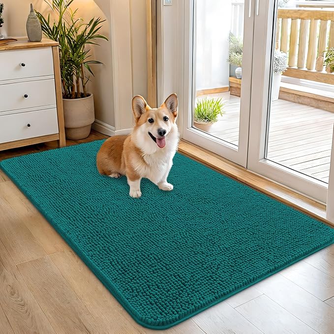 OLANLY Dog Door Mat for Muddy Paws 45x27, Super Absorbent Chenille Mud Mat | Lake Blue, Absorbs Moisture and Dirt, Non-Slip Machine Washable Doormat, Quick-Drying Indoor Entryway Floor Carpet for Dogs