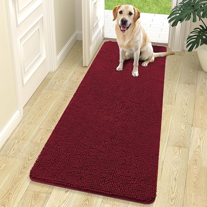 OLANLY Dog Door Mat for Muddy Paws 70x24, Super Absorbent Chenille Mud Mat | Burgundy, Absorbs Moisture and Dirt, Non-Slip Machine Washable Doormat, Quick-Drying Indoor Entryway Floor Carpet for Dogs