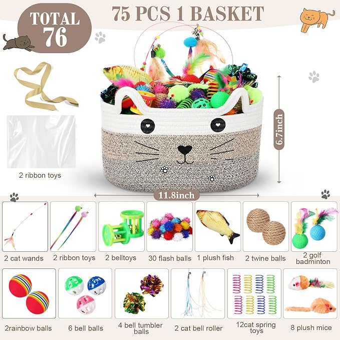 Zopeal 76 Pcs Cat Storage Basket Gift Toys Set Interactive Cat Toys Kitten Wand Colorful Flashing Balls Pet Crinkle Balls Attract Kitten to Swat, Hunt for Pet Indoor(Brown)