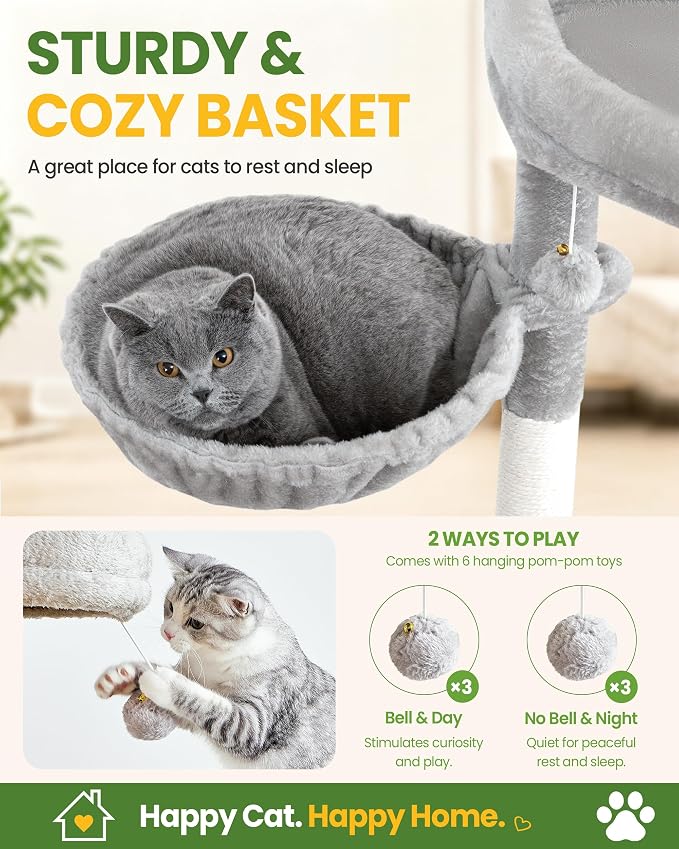 67in Cat Tree Tower for Indoor Cats, Multi-Level Light Grey | Climbing Tower with 3 Large Platform, 4 Scratching Posts, Hammock, Large Condo for Multiple Cats, Modern Cat Tree Furniture