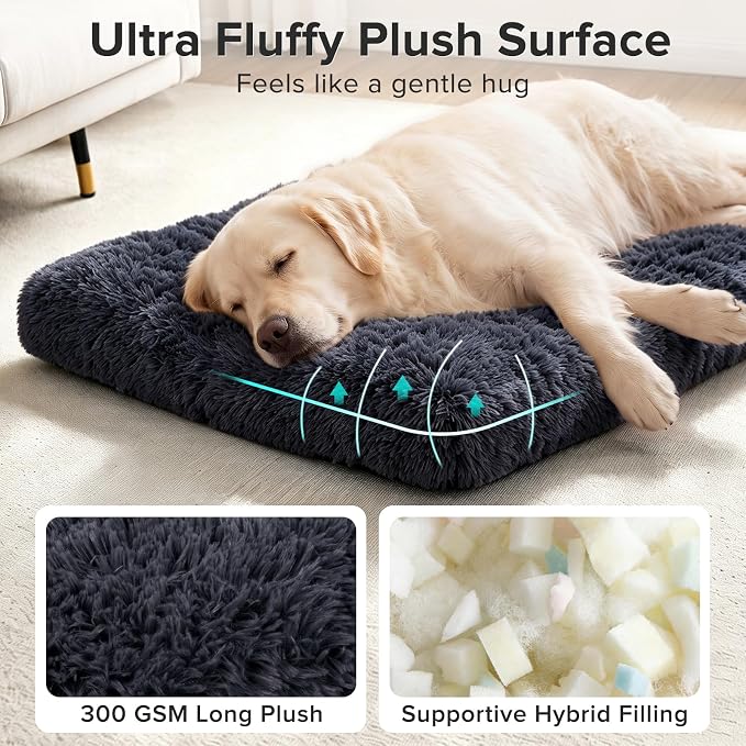JOEJOY Large Dog Bed Crate Pad, Deluxe Plush Washable Dog Beds Fulffy Soft Kennel Pad Anti-Slip Pet Sleeping Mat for Large Medium Small Dogs, 35" x 23", Dark Grey
