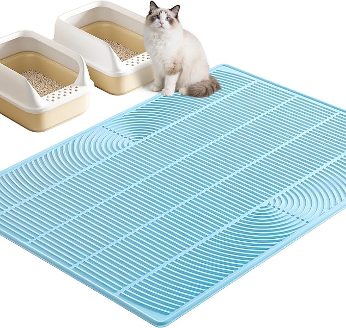 TRZZ XXL Cat Litter Mat, Large Silicone Waterproof Mat, Blue | Non-Slip, Easy to Clean, Cat Litter Trapping Mat, Kitty Litter Catcher, Scatter Control, for Floor