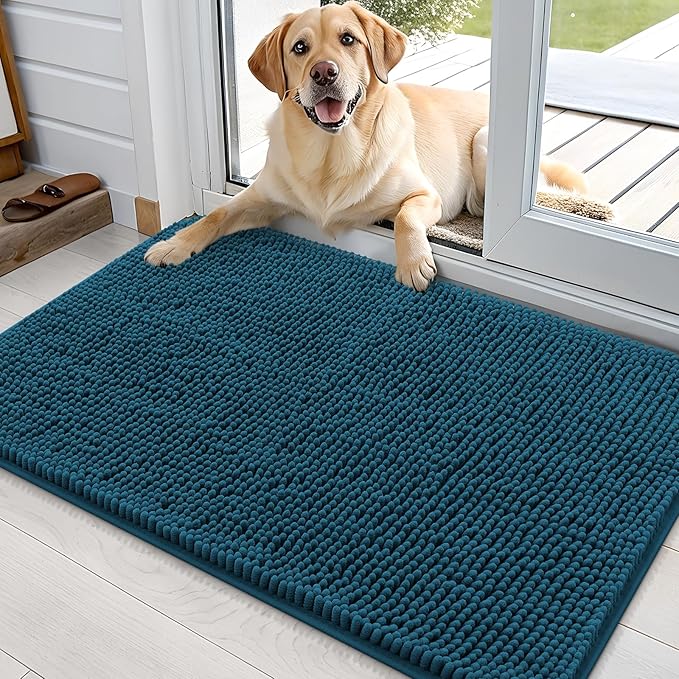 OLANLY Dog Door Mat for Muddy Paws 36x24, Super Absorbent Chenille Mud Mat | Atlantic Blue, Absorbs Moisture and Dirt, Non-Slip Machine Washable Doormat, Quick-Dry Indoor Entryway Floor Carpet for Dogs
