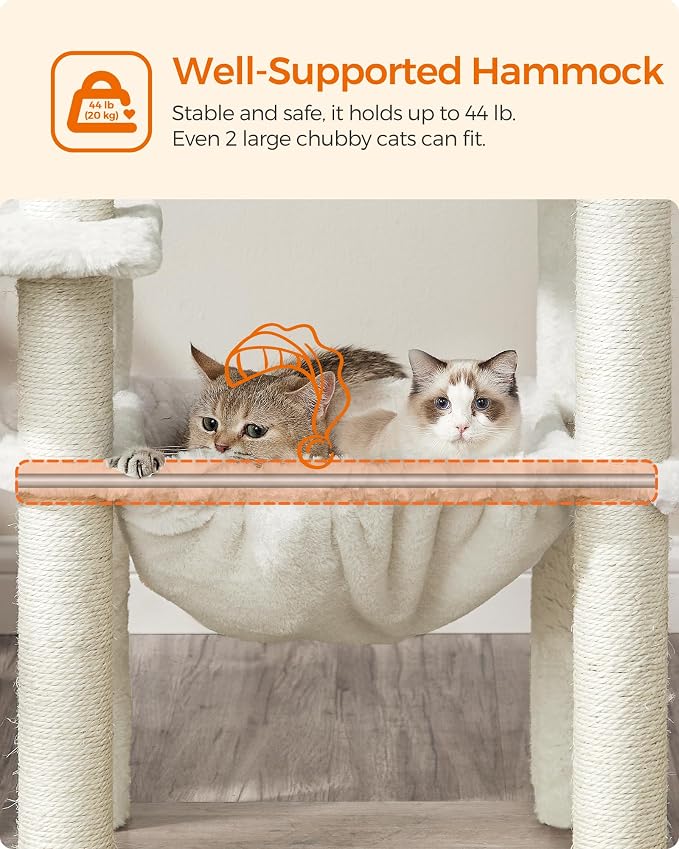 Feandrea Cat Tree, 56.3-Inch Modern Cat Tower, Multi-Level Plush Condo with Scratching Posts, Hammock, Washable Cushion, Heather Greige UPCT164G01