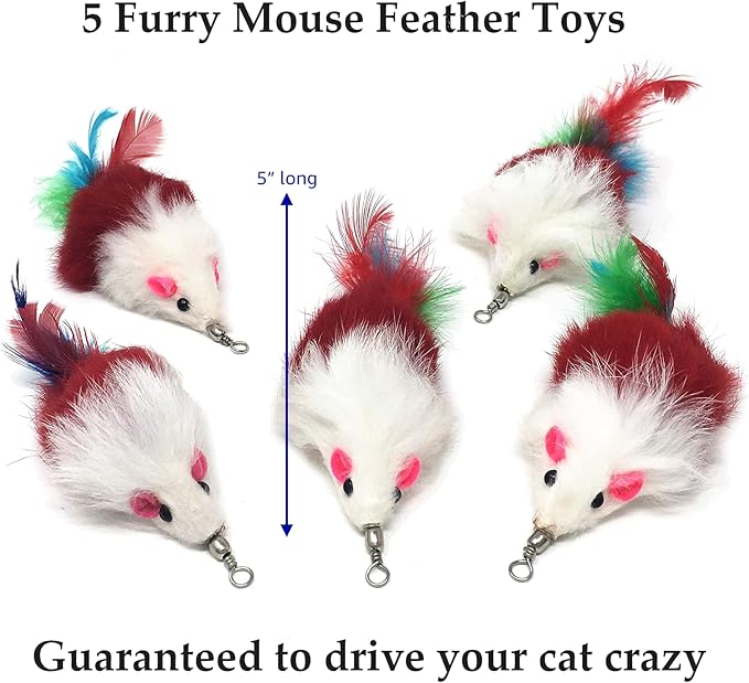 Pet Fit For Life - 10 Piece Kitten Toy Refill Pack - Replacement for Indoor Cat's Interactive Wand and Catch Wand - Features 5 Squiggly Worms and 5 Furry Mouse Feather Attachments