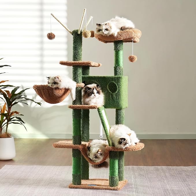 Hey-brother Cat Tree Tower with Padded Platform Bed, Hammock, MPJ019-SCA | 53 Inches Cat House with Large Cozy Condo, Toy Balls and Sisal Scratching Posts for Indoor Multi-Cats, Cactus
