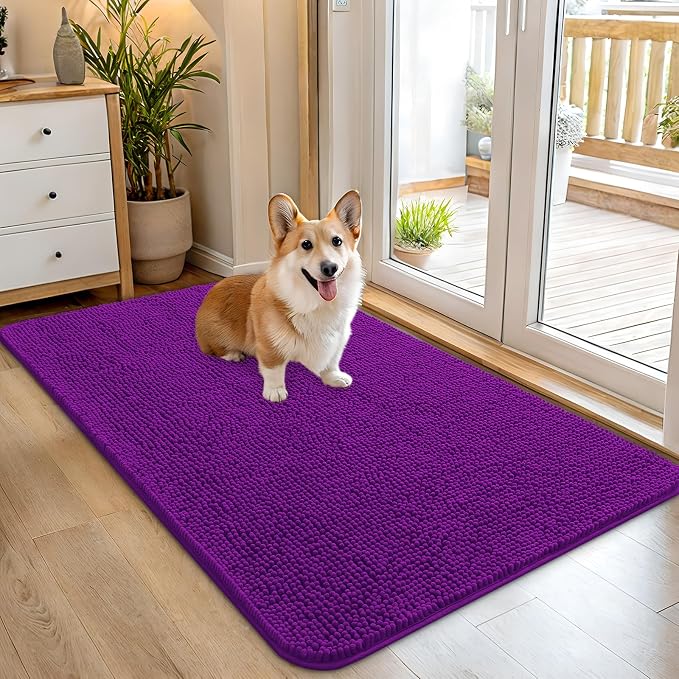 OLANLY Dog Door Mat for Muddy Paws 45x27, Super Absorbent Chenille Mud Mat | Purple, Absorbs Moisture and Dirt, Non-Slip Machine Washable Doormat, Quick-Drying Indoor Entryway Floor Carpet for Dogs