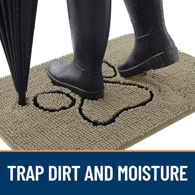 OLANLY Dog Door Mat for Muddy Paws 36x24, Paw Print Design Chenille Mud Mat | Warm Taupe, Absorbent, Traps Moisture and Dirt, Non-Slip Washable Doormat, Quick-Drying Indoor Entryway Floor Carpet for Dogs